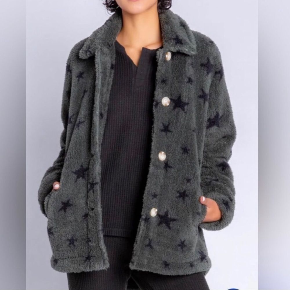 NWT PJ Salvage Cozy Button Up Jacket w/ Pockets in Olive Green Black Stars Small